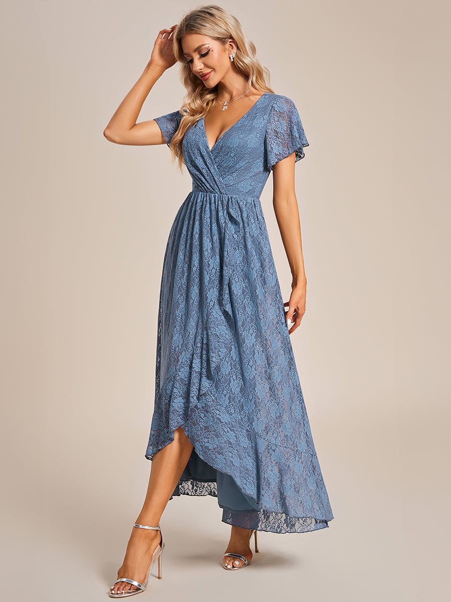 Größe Nach Maß Kurzärmliges Spitzen-Abendkleid in A-Linie mit Rüschen und V-Ausschnitt #farbe_Taubenblau