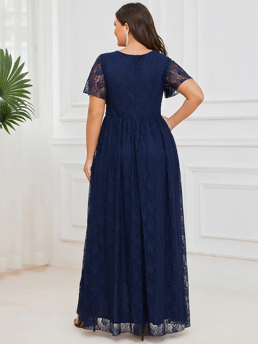 Größe Nach Maß Kurzärmliges Spitzen-Abendkleid in A-Linie mit Rüschen und V-Ausschnitt #farbe_Marineblau