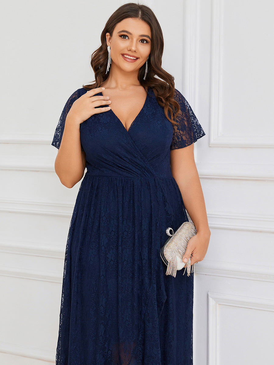 Größe Nach Maß Kurzärmliges Spitzen-Abendkleid in A-Linie mit Rüschen und V-Ausschnitt #farbe_Marineblau