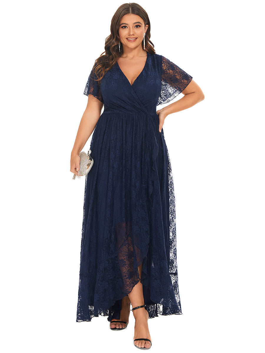 Größe Nach Maß Kurzärmliges Spitzen-Abendkleid in A-Linie mit Rüschen und V-Ausschnitt #farbe_Marineblau