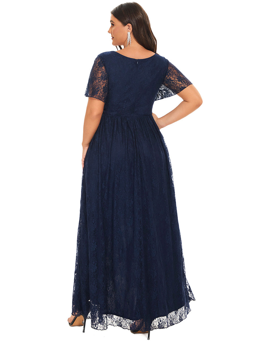 Größe Nach Maß Kurzärmliges Spitzen-Abendkleid in A-Linie mit Rüschen und V-Ausschnitt #farbe_Marineblau