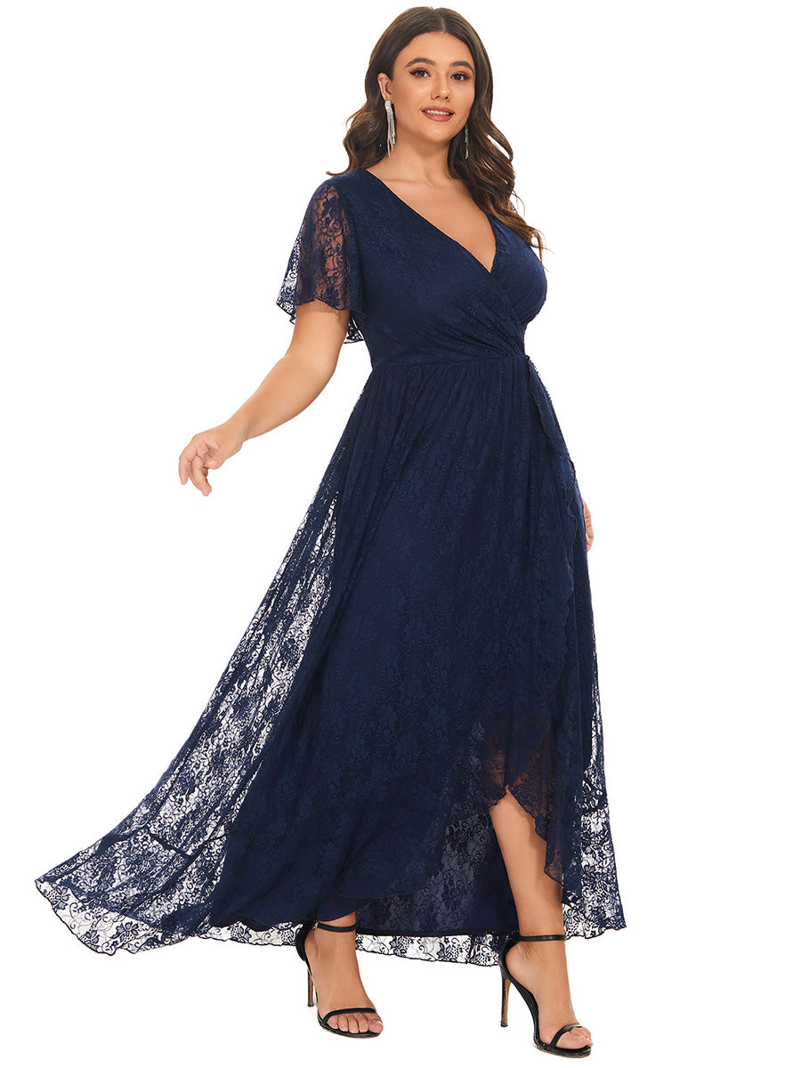 Größe Nach Maß Kurzärmliges Spitzen-Abendkleid in A-Linie mit Rüschen und V-Ausschnitt #farbe_Marineblau