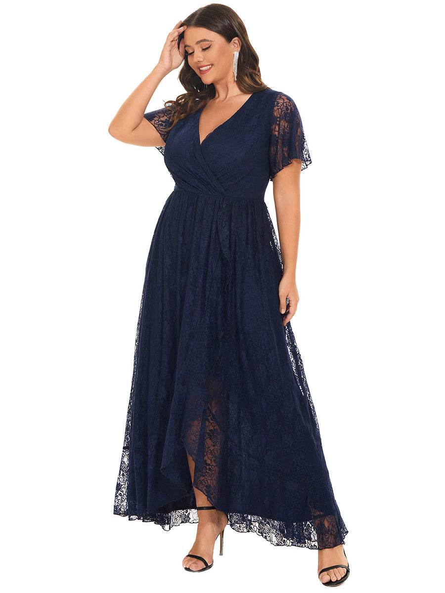 Größe Nach Maß Kurzärmliges Spitzen-Abendkleid in A-Linie mit Rüschen und V-Ausschnitt #farbe_Marineblau
