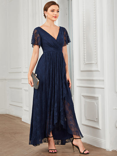 Größe Nach Maß Kurzärmliges Spitzen-Abendkleid in A-Linie mit Rüschen und V-Ausschnitt #farbe_Marineblau