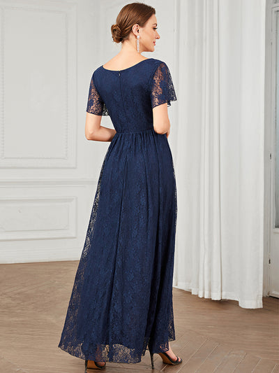 Größe Nach Maß Kurzärmliges Spitzen-Abendkleid in A-Linie mit Rüschen und V-Ausschnitt #farbe_Marineblau