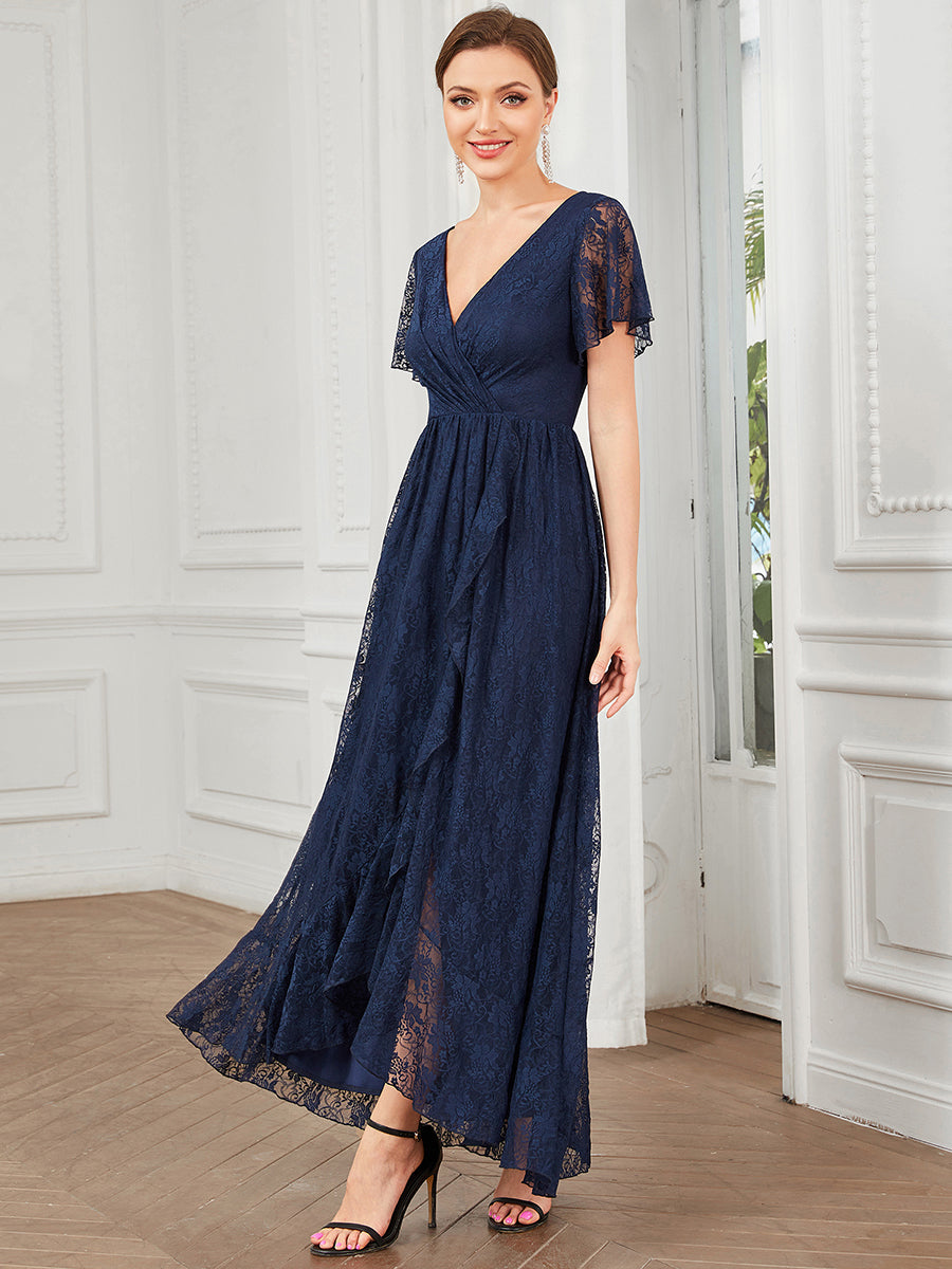 Größe Nach Maß Kurzärmliges Spitzen-Abendkleid in A-Linie mit Rüschen und V-Ausschnitt #farbe_Marineblau