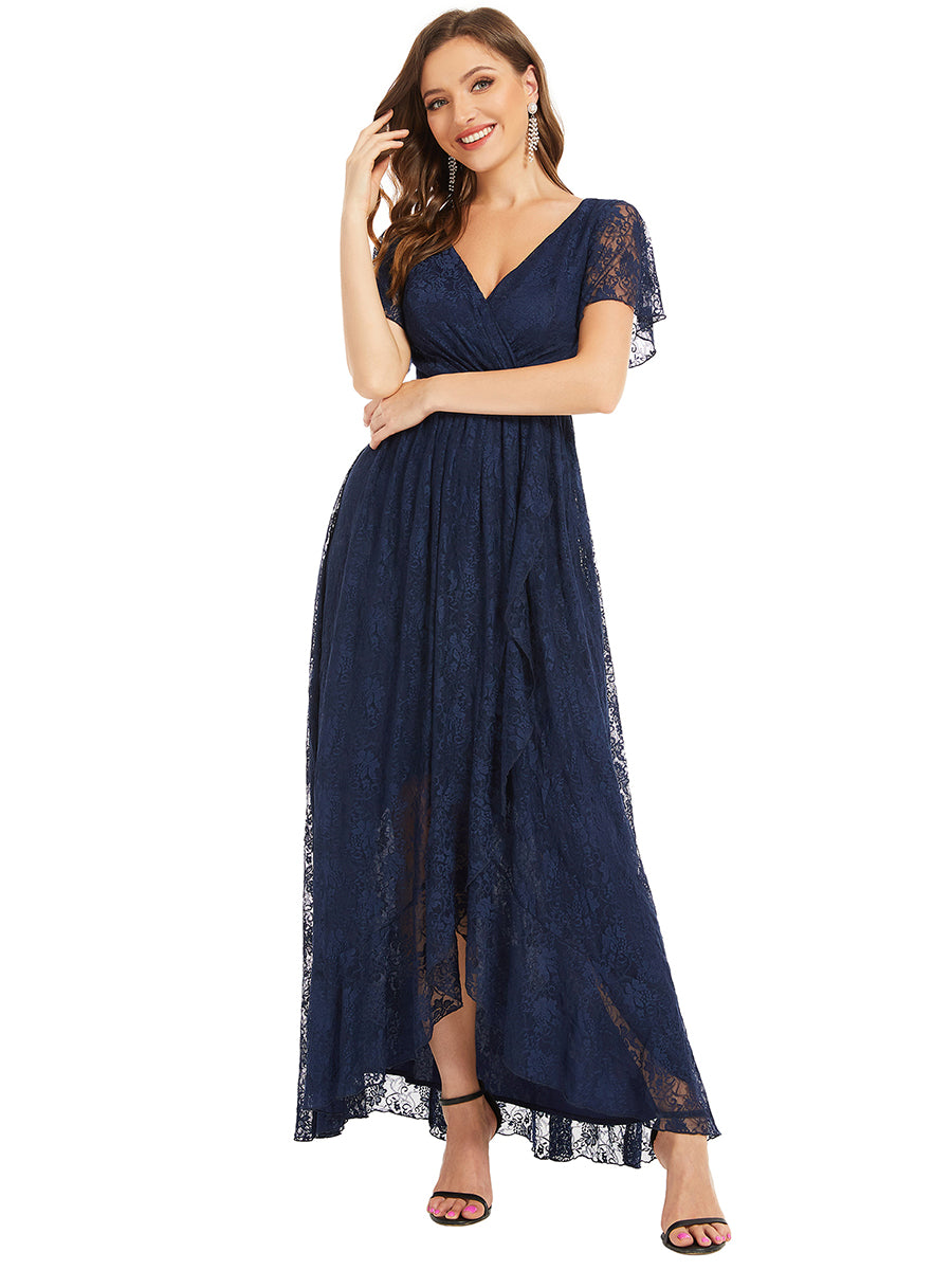 Größe Nach Maß Kurzärmliges Spitzen-Abendkleid in A-Linie mit Rüschen und V-Ausschnitt #farbe_Marineblau