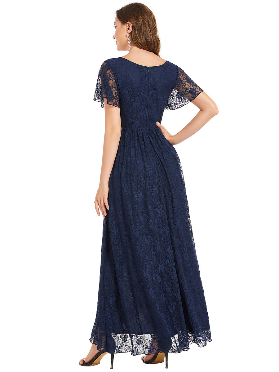 Größe Nach Maß Kurzärmliges Spitzen-Abendkleid in A-Linie mit Rüschen und V-Ausschnitt #farbe_Marineblau