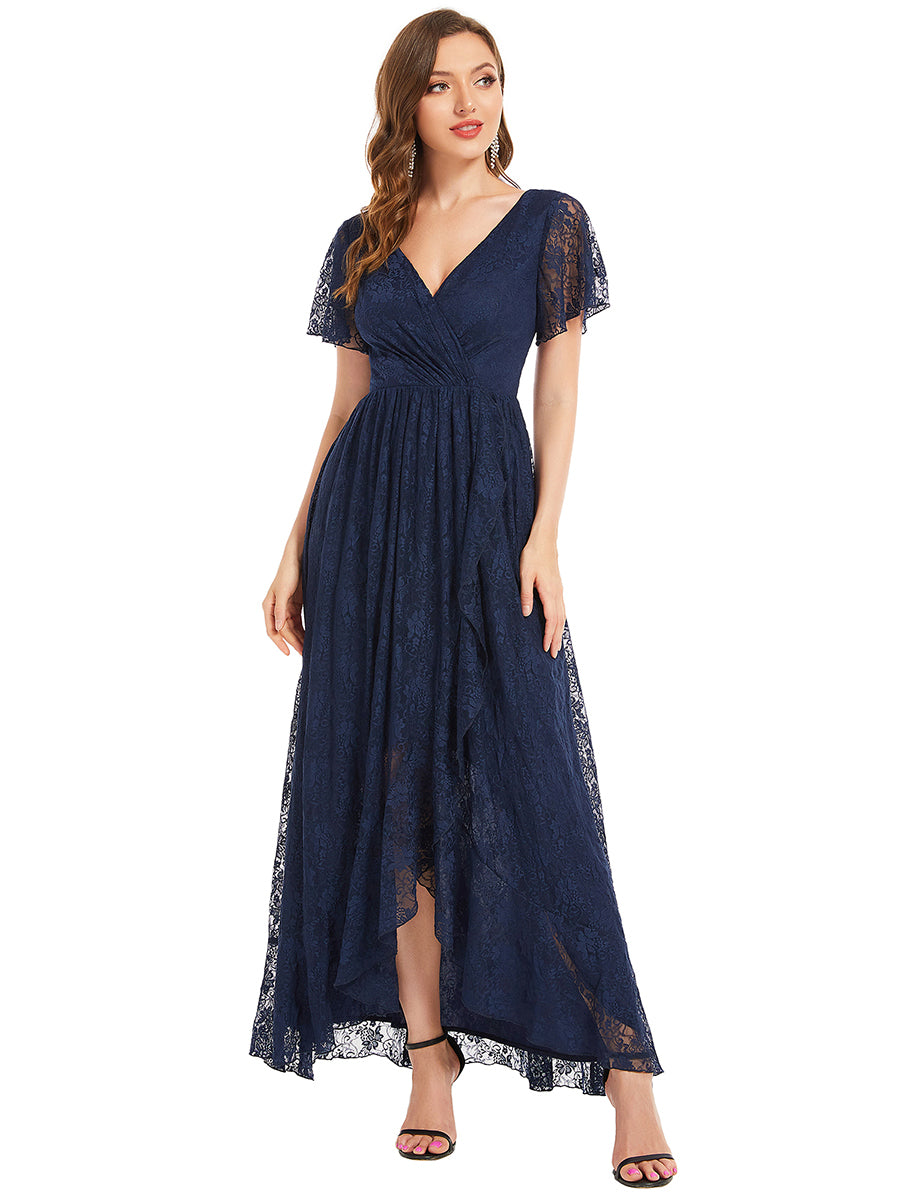 Größe Nach Maß Kurzärmliges Spitzen-Abendkleid in A-Linie mit Rüschen und V-Ausschnitt #farbe_Marineblau