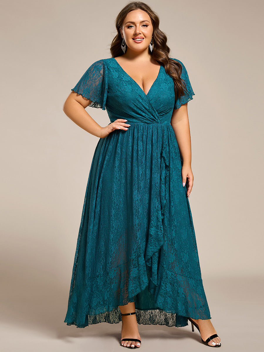 Größe Nach Maß Kurzärmliges Spitzen-Abendkleid in A-Linie mit Rüschen und V-Ausschnitt #farbe_Petrol