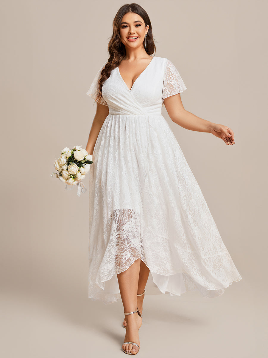 Größe Nach Maß Kurzärmliges Spitzen-Abendkleid in A-Linie mit Rüschen und V-Ausschnitt #farbe_Weiß