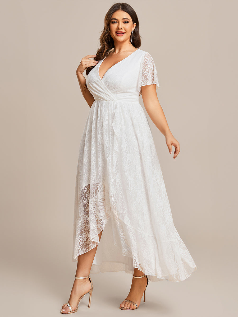 Größe Nach Maß Kurzärmliges Spitzen-Abendkleid in A-Linie mit Rüschen und V-Ausschnitt #farbe_Weiß