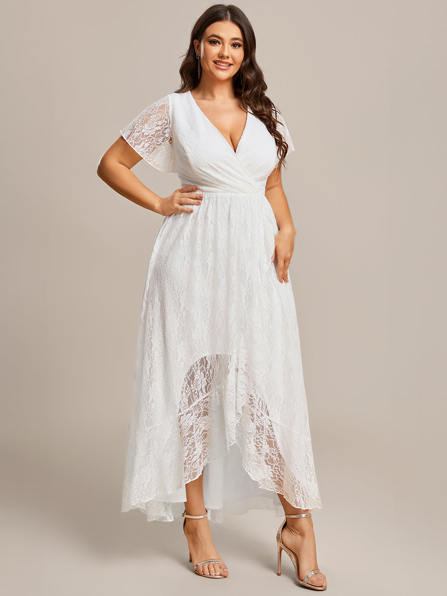 Größe Nach Maß Kurzärmliges Spitzen-Abendkleid in A-Linie mit Rüschen und V-Ausschnitt #farbe_Weiß