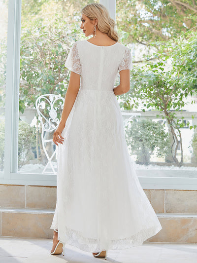Größe Nach Maß Kurzärmliges Spitzen-Abendkleid in A-Linie mit Rüschen und V-Ausschnitt #farbe_Weiß
