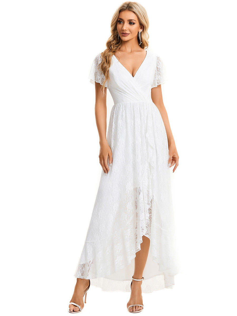 Größe Nach Maß Kurzärmliges Spitzen-Abendkleid in A-Linie mit Rüschen und V-Ausschnitt #farbe_Weiß
