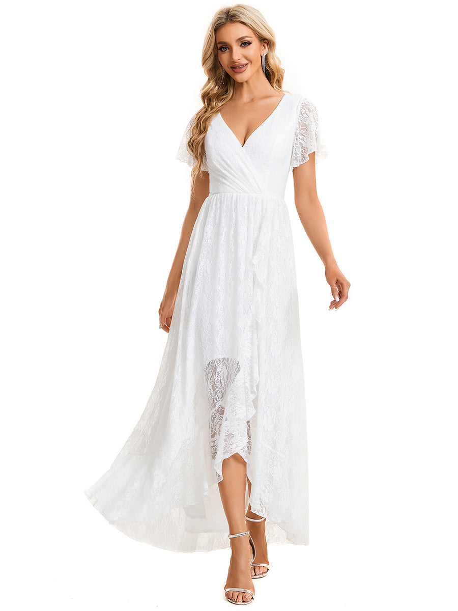 Größe Nach Maß Kurzärmliges Spitzen-Abendkleid in A-Linie mit Rüschen und V-Ausschnitt #farbe_Weiß