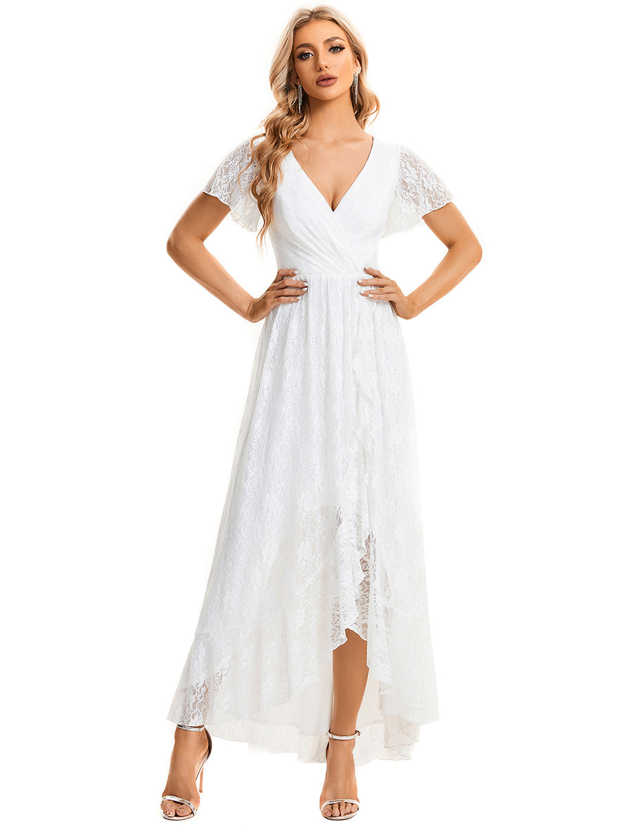 Größe Nach Maß Kurzärmliges Spitzen-Abendkleid in A-Linie mit Rüschen und V-Ausschnitt #farbe_Weiß