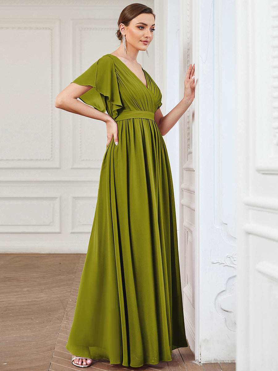 V-Ausschnitt kurze Ärmel Bodenlaenge A-Linie Chiffon Abendkleider #Farbe_Zitrone