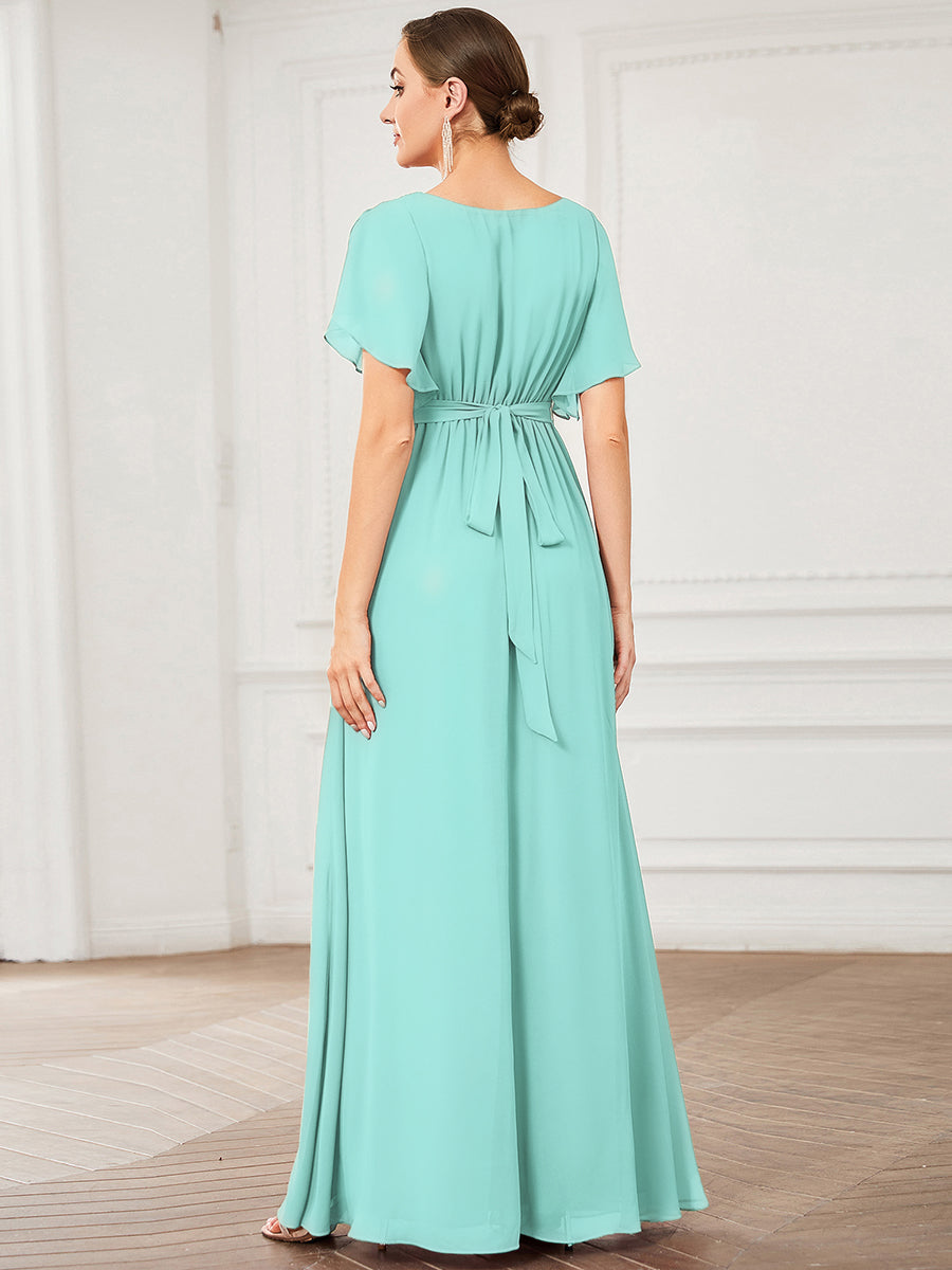 V-Ausschnitt kurze Ärmel Bodenlaenge A-Linie Chiffon Abendkleider #Farbe_Pastellblau