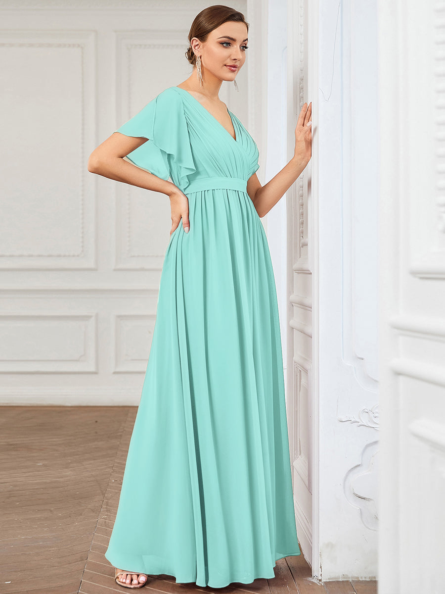V-Ausschnitt kurze Ärmel Bodenlaenge A-Linie Chiffon Abendkleider #Farbe_Pastellblau