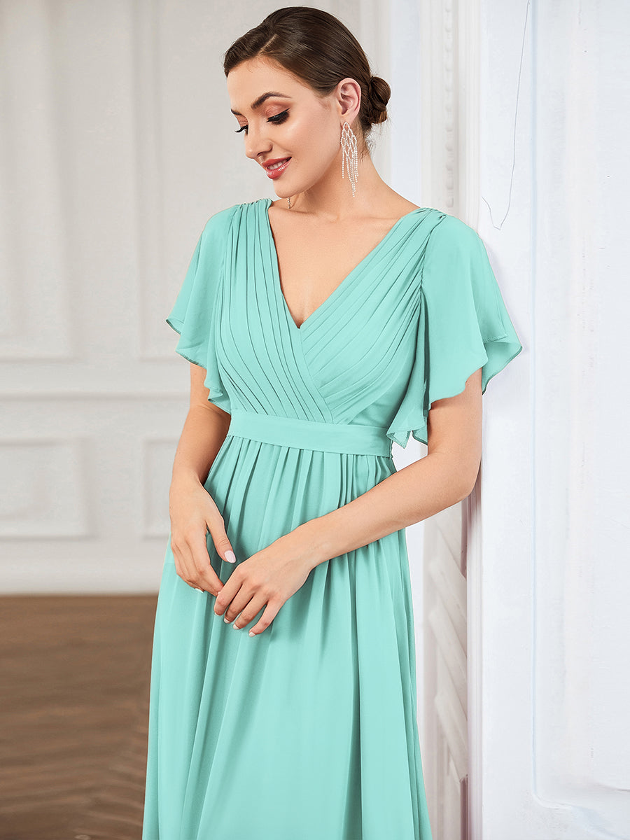 V-Ausschnitt kurze Ärmel Bodenlaenge A-Linie Chiffon Abendkleider #Farbe_Pastellblau