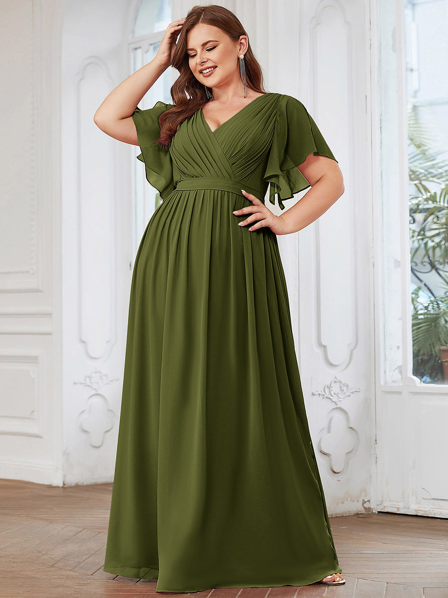 V-Ausschnitt kurze Ärmel Bodenlaenge A-Linie Chiffon Abendkleider #Farbe_Olivgrün