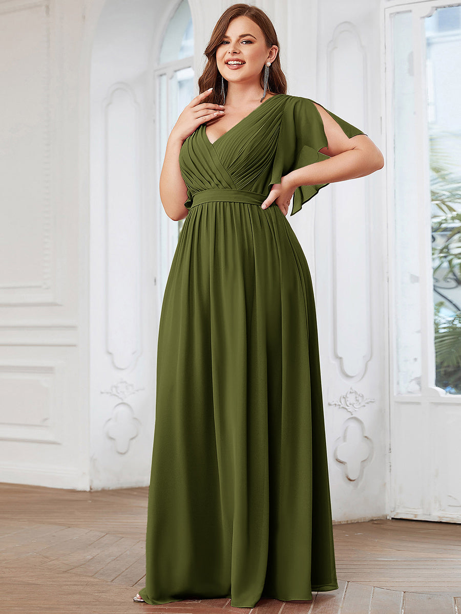 V-Ausschnitt kurze Ärmel Bodenlaenge A-Linie Chiffon Abendkleider #Farbe_Olivgrün