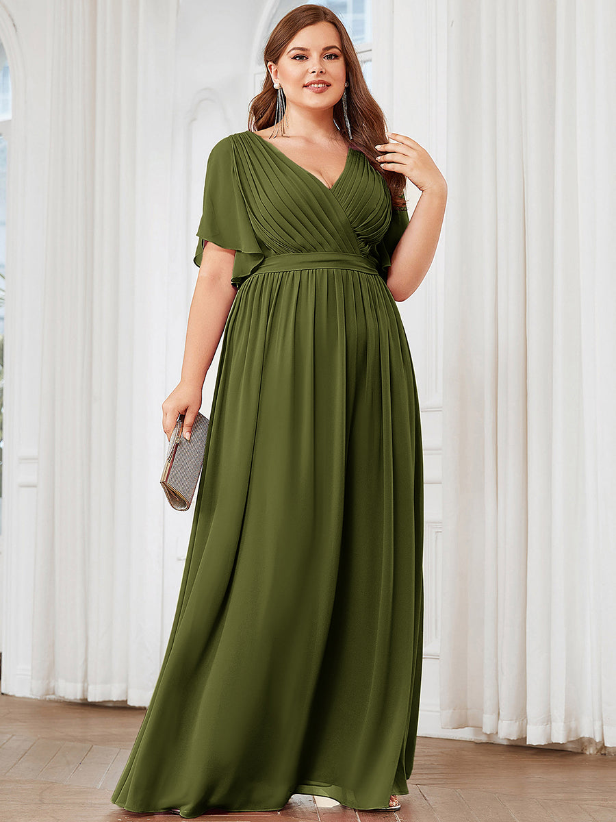 V-Ausschnitt kurze Ärmel Bodenlaenge A-Linie Chiffon Abendkleider #Farbe_Olivgrün
