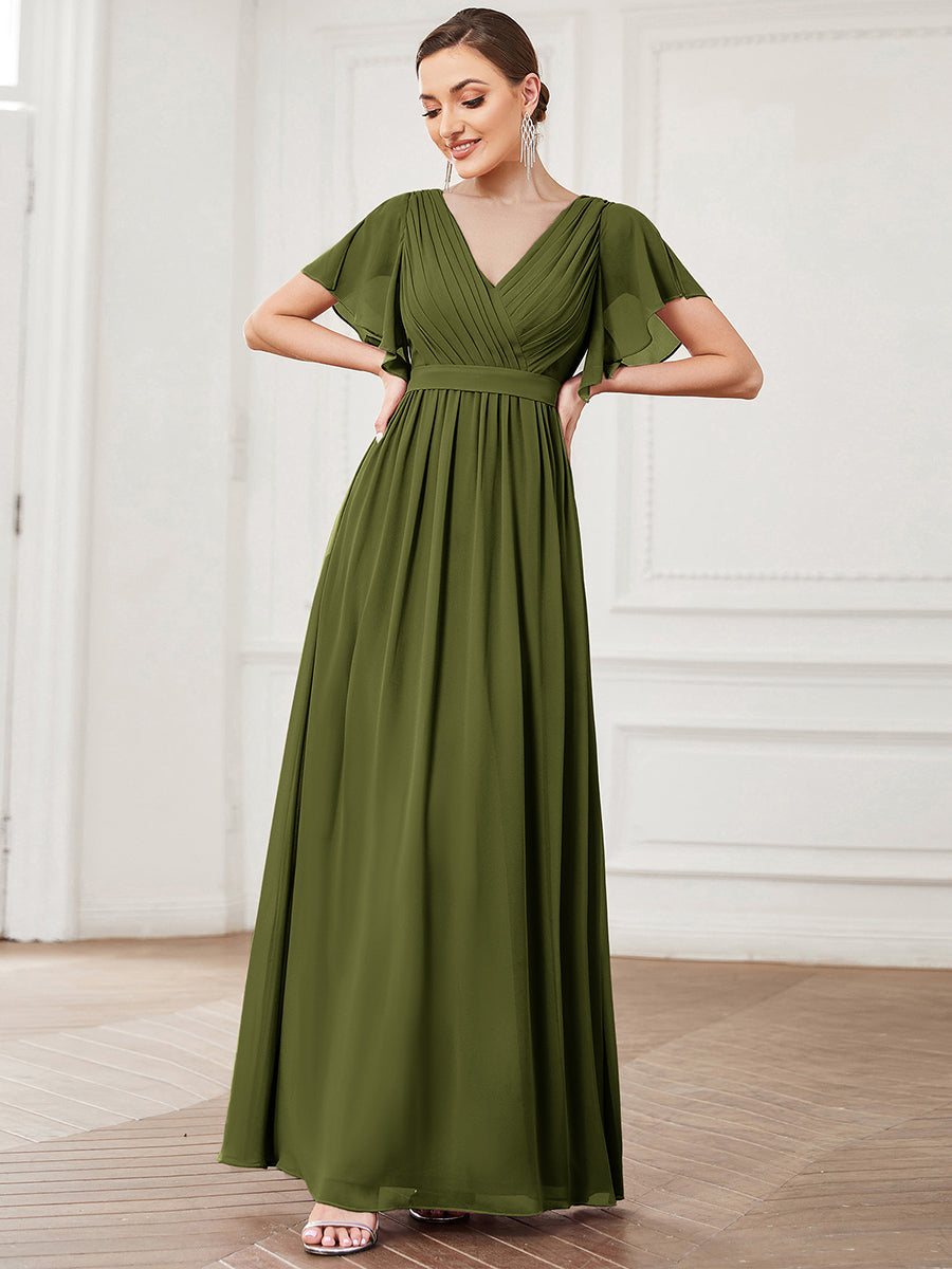 V-Ausschnitt kurze Ärmel Bodenlaenge A-Linie Chiffon Abendkleider #Farbe_Olivgrün