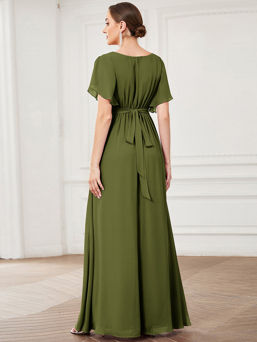 V-Ausschnitt kurze Ärmel Bodenlaenge A-Linie Chiffon Abendkleider #Farbe_Olivgrün