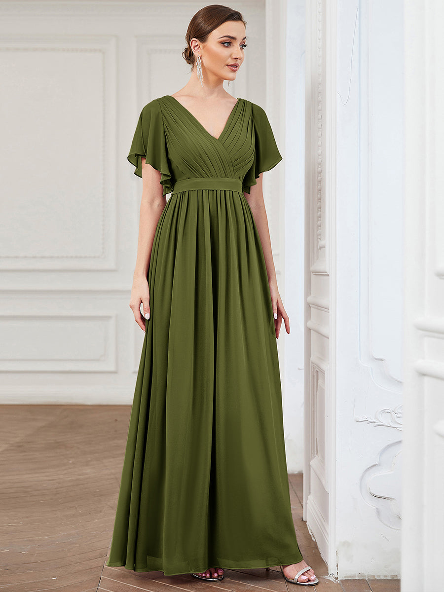 V-Ausschnitt kurze Ärmel Bodenlaenge A-Linie Chiffon Abendkleider #Farbe_Olivgrün