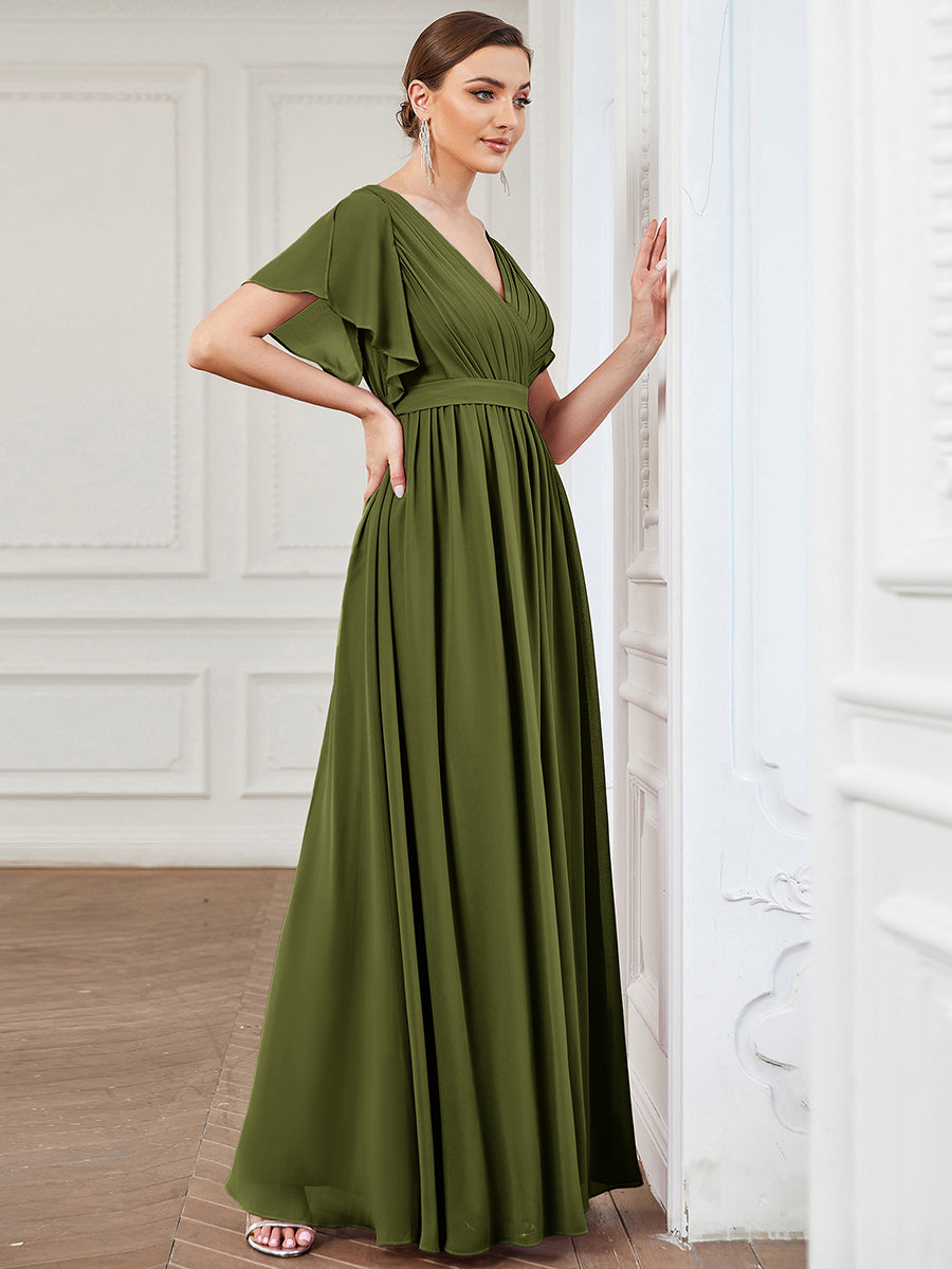 V-Ausschnitt kurze Ärmel Bodenlaenge A-Linie Chiffon Abendkleider #Farbe_Olivgrün