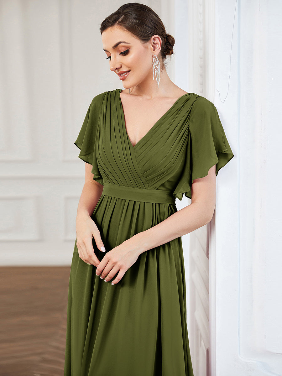 V-Ausschnitt kurze Ärmel Bodenlaenge A-Linie Chiffon Abendkleider #Farbe_Olivgrün