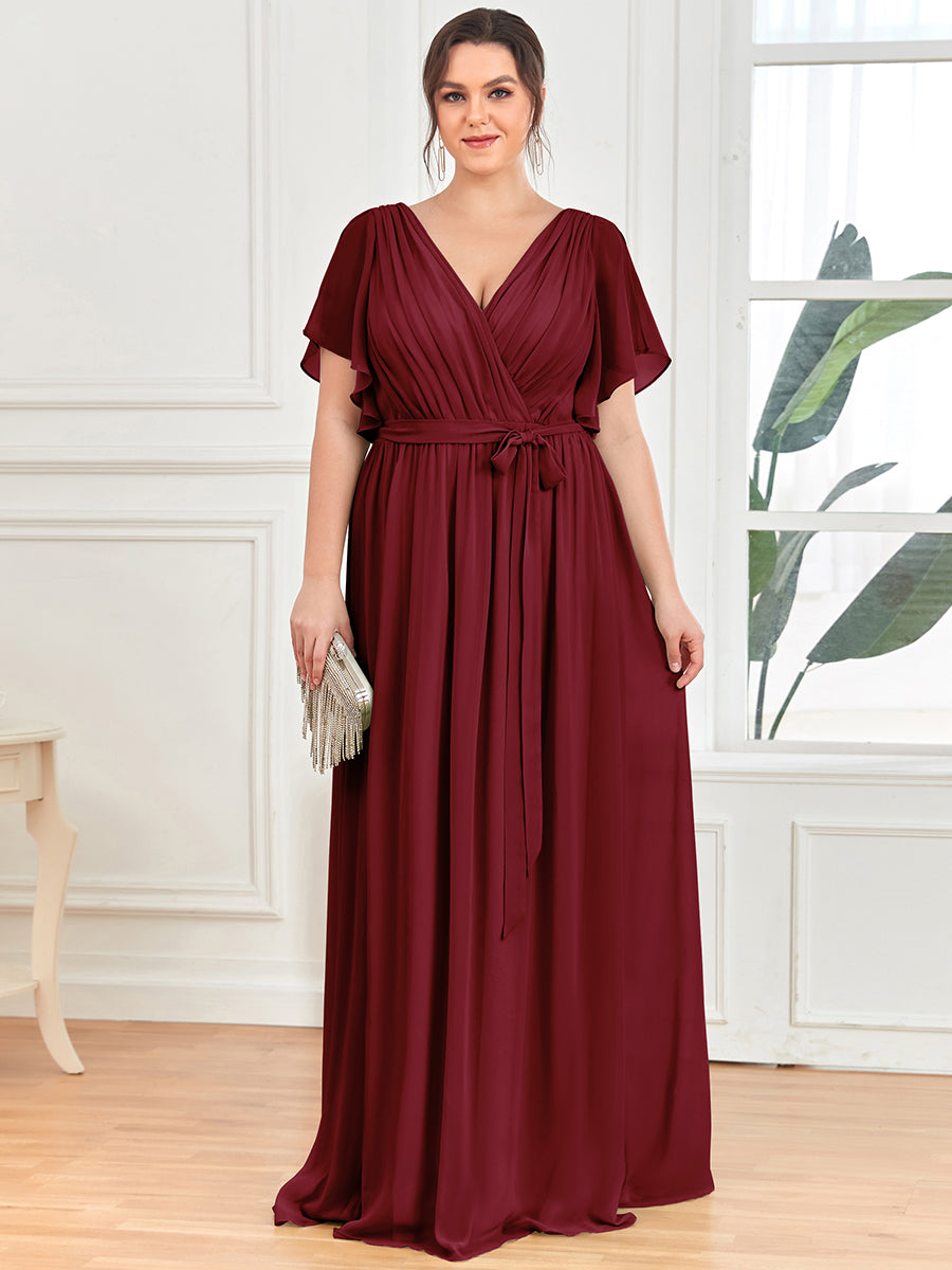 V-Ausschnitt kurze Ärmel Bodenlaenge A-Linie Chiffon Abendkleider #Farbe_Burgunderrot