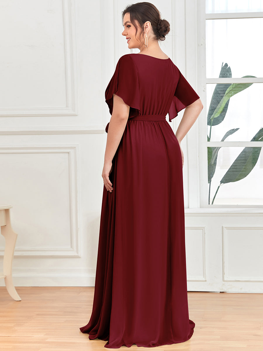 V-Ausschnitt kurze Ärmel Bodenlaenge A-Linie Chiffon Abendkleider #Farbe_Burgunderrot