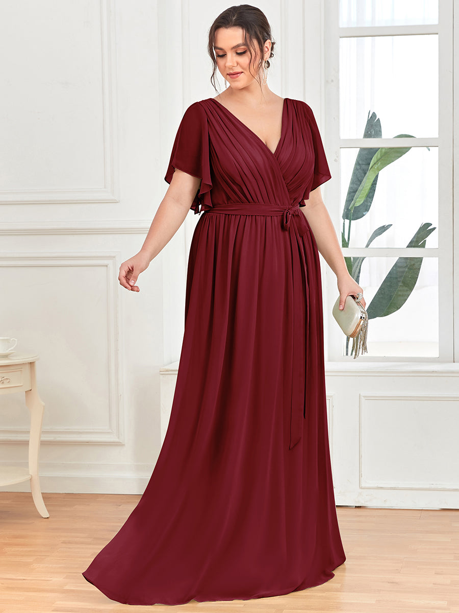 V-Ausschnitt kurze Ärmel Bodenlaenge A-Linie Chiffon Abendkleider #Farbe_Burgunderrot