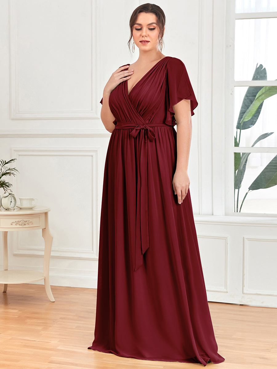 V-Ausschnitt kurze Ärmel Bodenlaenge A-Linie Chiffon Abendkleider #Farbe_Burgunderrot