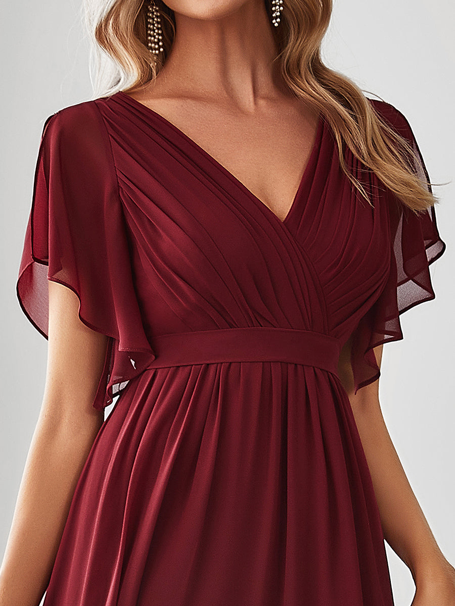 V-Ausschnitt kurze Ärmel Bodenlaenge A-Linie Chiffon Abendkleider #Farbe_Burgunderrot