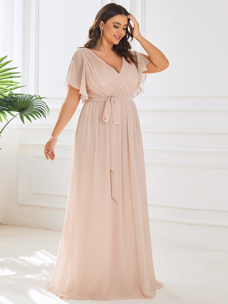 V-Ausschnitt kurze Ärmel Bodenlaenge A-Linie Chiffon Abendkleider #Farbe_Blush-Rosa