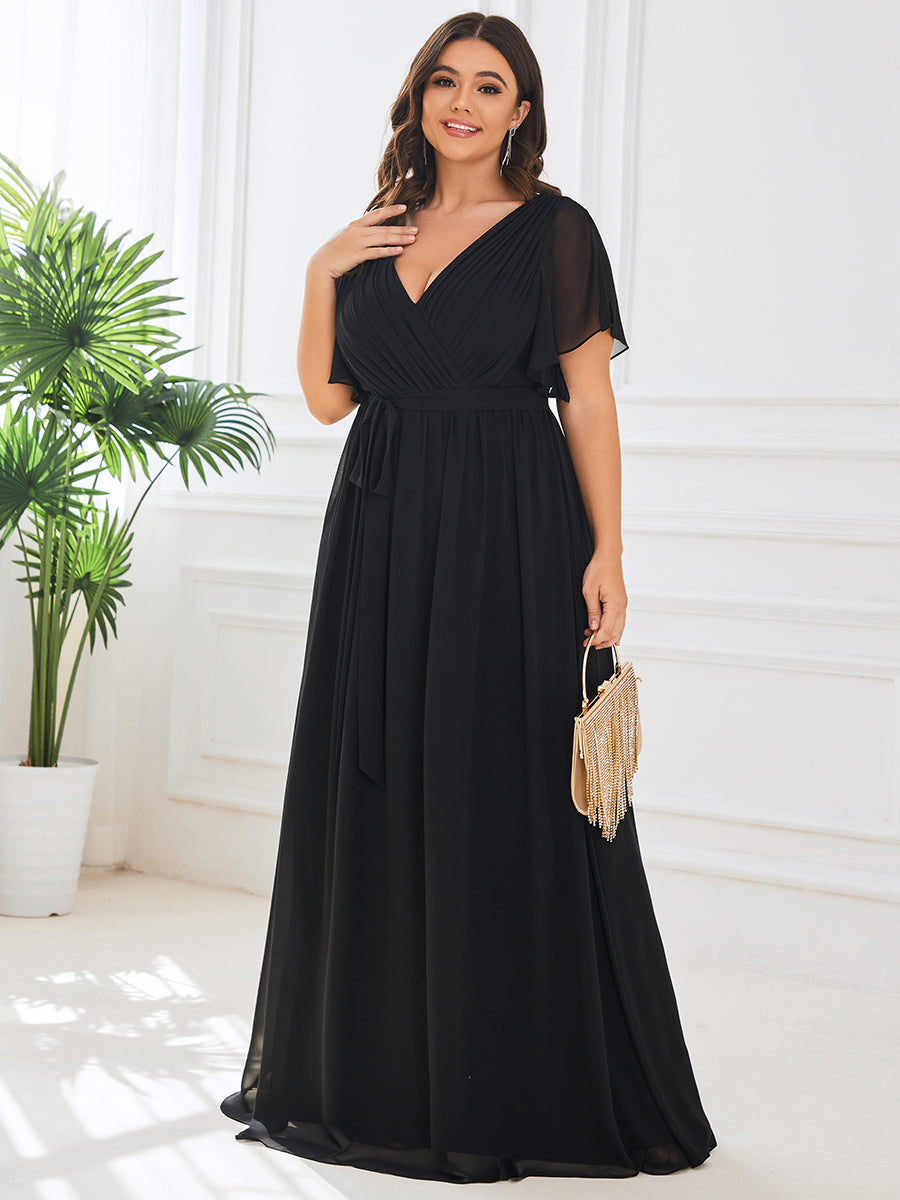 V-Ausschnitt kurze Ärmel Bodenlaenge A-Linie Chiffon Abendkleider #Farbe_Schwarz