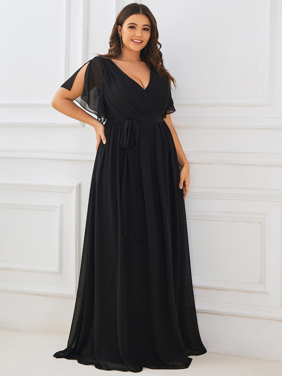 V-Ausschnitt kurze Ärmel Bodenlaenge A-Linie Chiffon Abendkleider #Farbe_Schwarz
