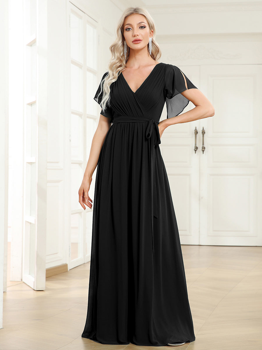 V-Ausschnitt kurze Ärmel Bodenlaenge A-Linie Chiffon Abendkleider #Farbe_Schwarz