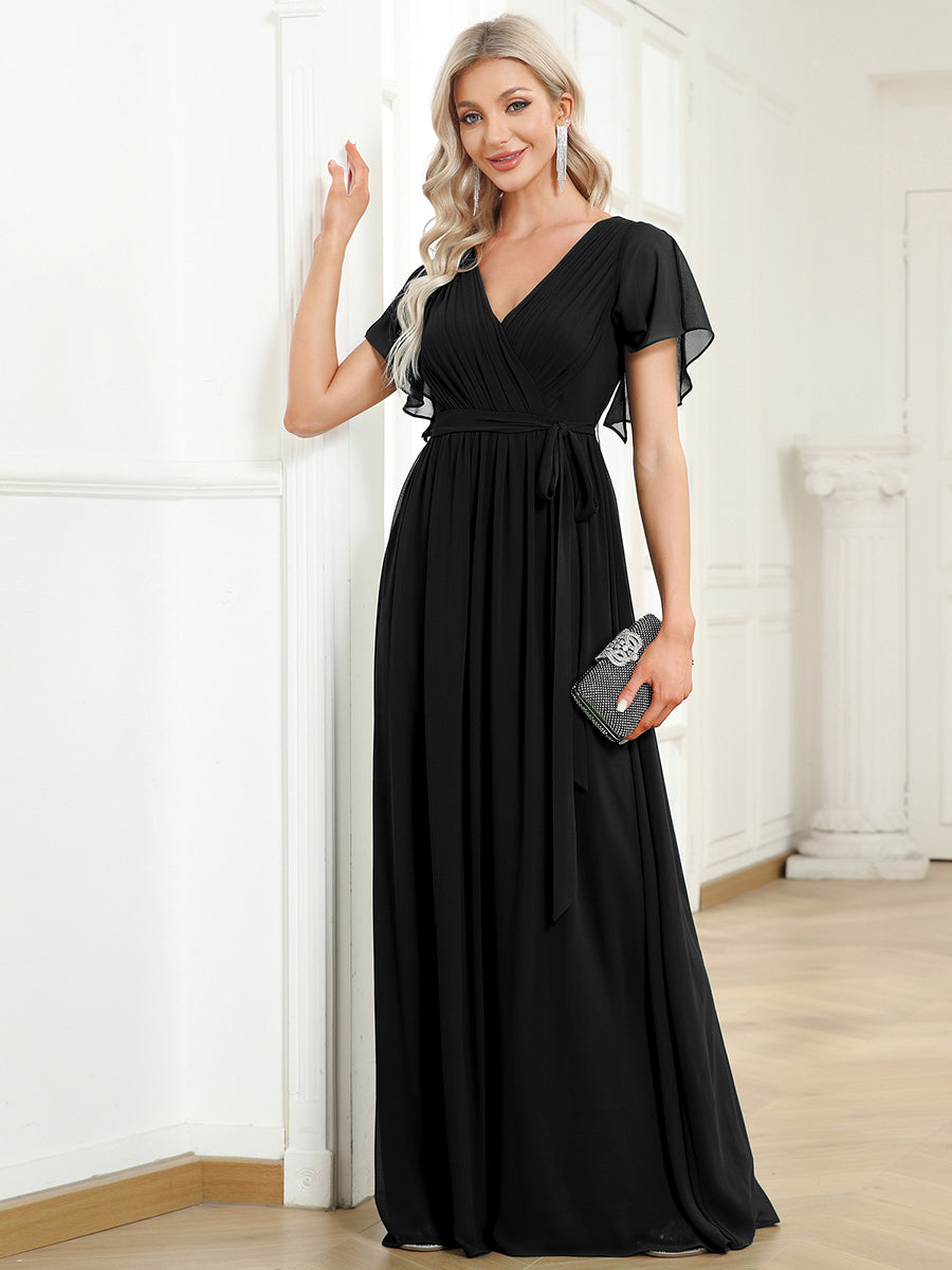 V-Ausschnitt kurze Ärmel Bodenlaenge A-Linie Chiffon Abendkleider #Farbe_Schwarz