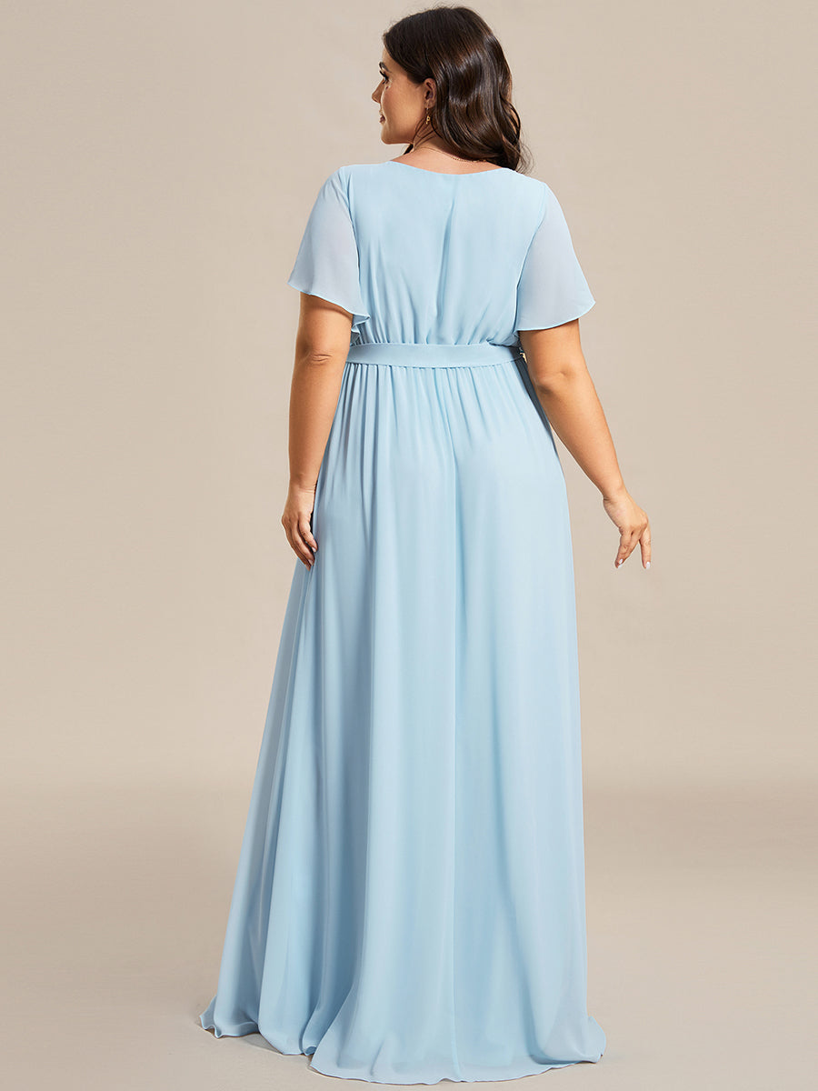 V-Ausschnitt kurze Ärmel Bodenlaenge A-Linie Chiffon Abendkleider #Farbe_Himmelblau