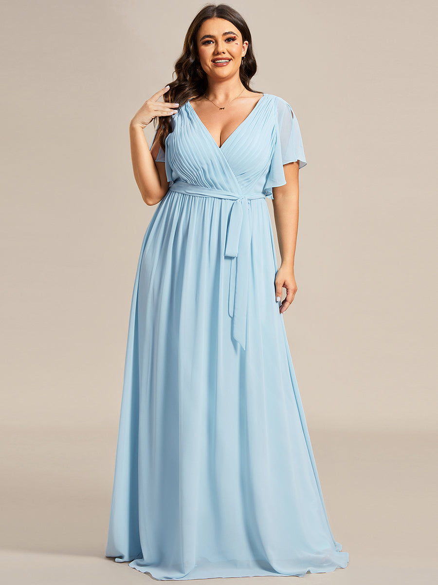 V-Ausschnitt kurze Ärmel Bodenlaenge A-Linie Chiffon Abendkleider #Farbe_Himmelblau