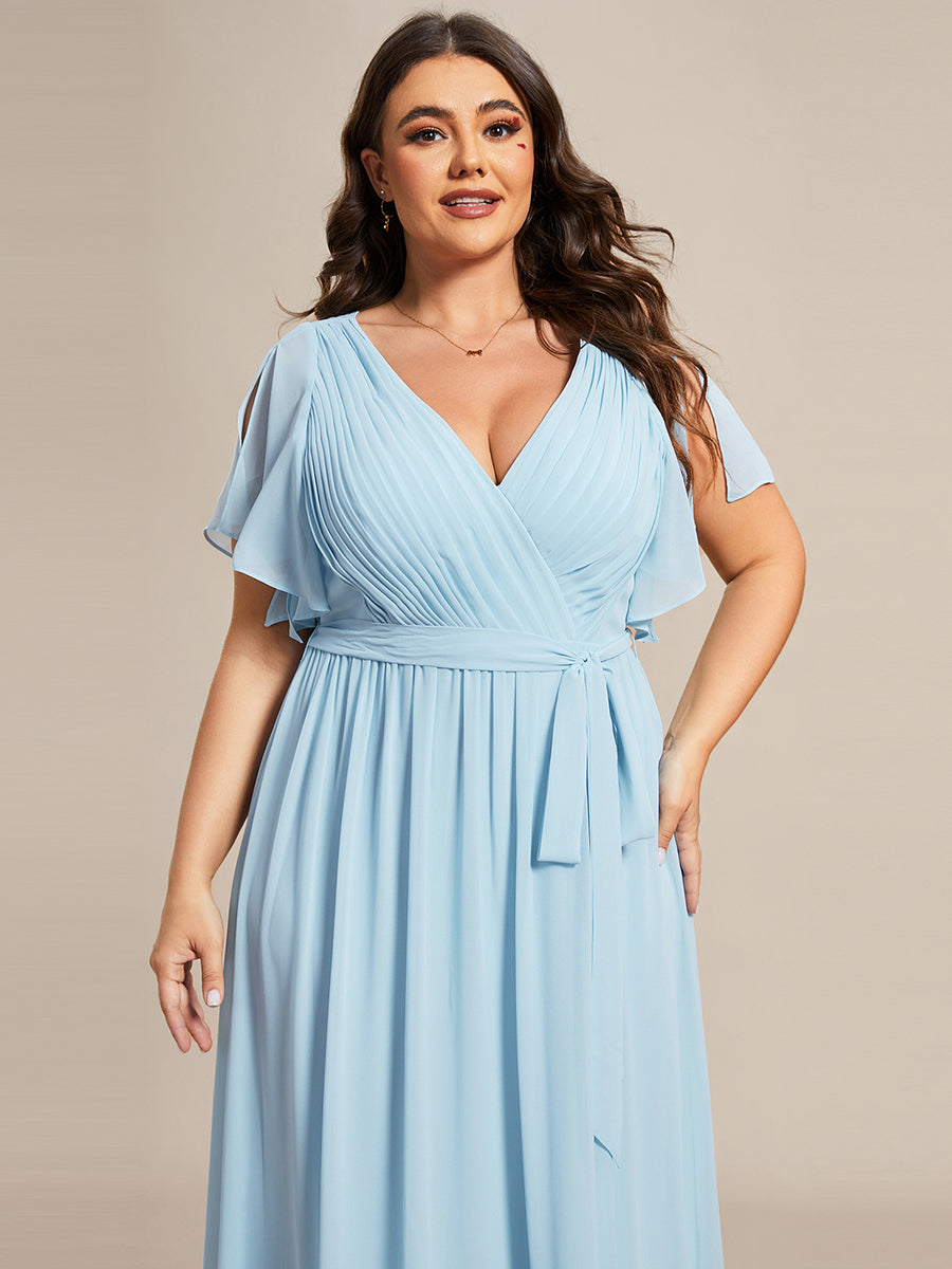 V-Ausschnitt kurze Ärmel Bodenlaenge A-Linie Chiffon Abendkleider #Farbe_Himmelblau
