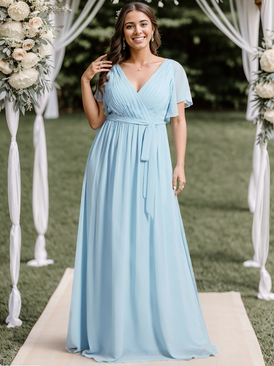 V-Ausschnitt kurze Ärmel Bodenlaenge A-Linie Chiffon Abendkleider #Farbe_Himmelblau