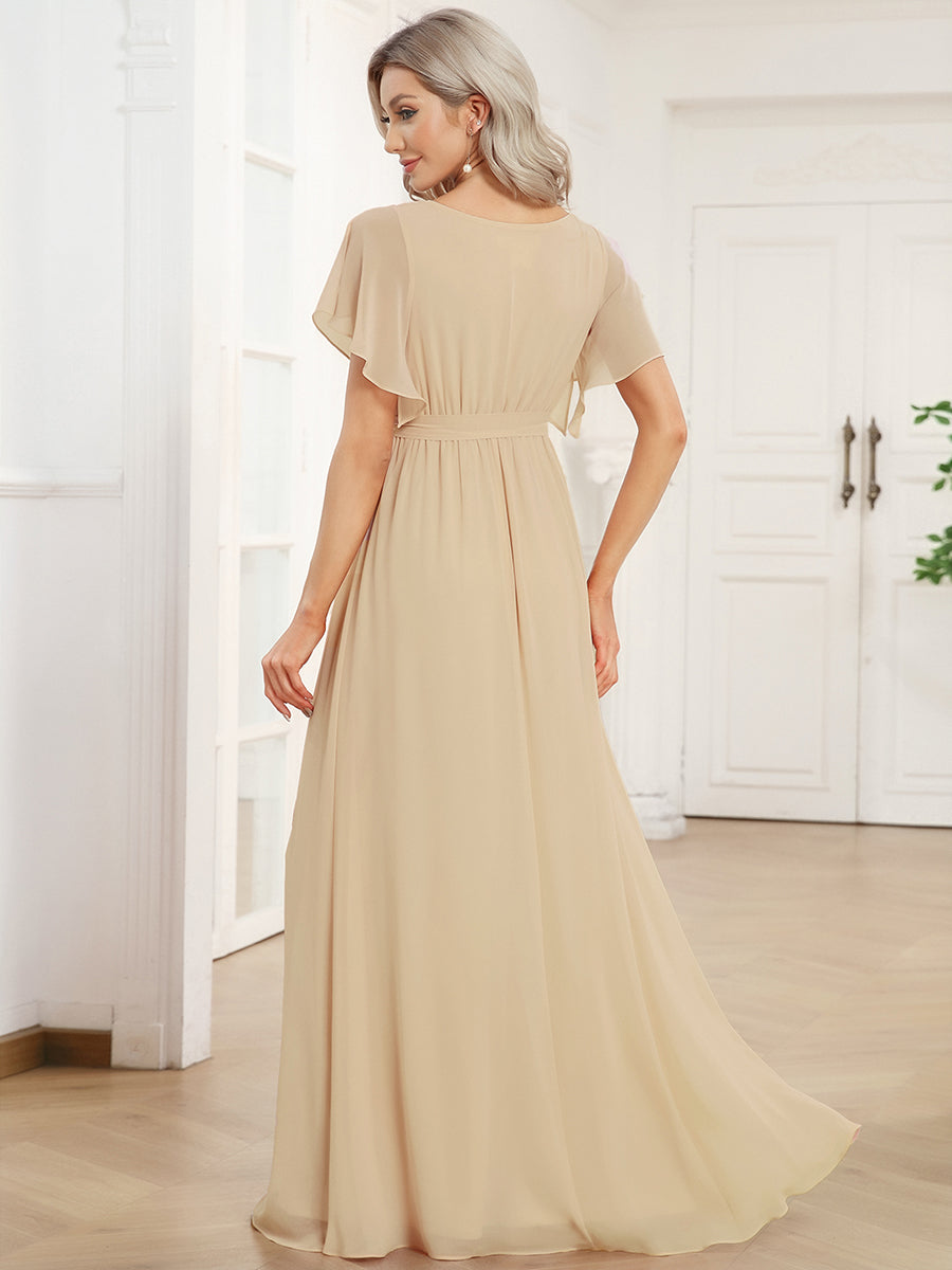 V-Ausschnitt kurze Ärmel Bodenlaenge A-Linie Chiffon Abendkleider #Farbe_Champagner