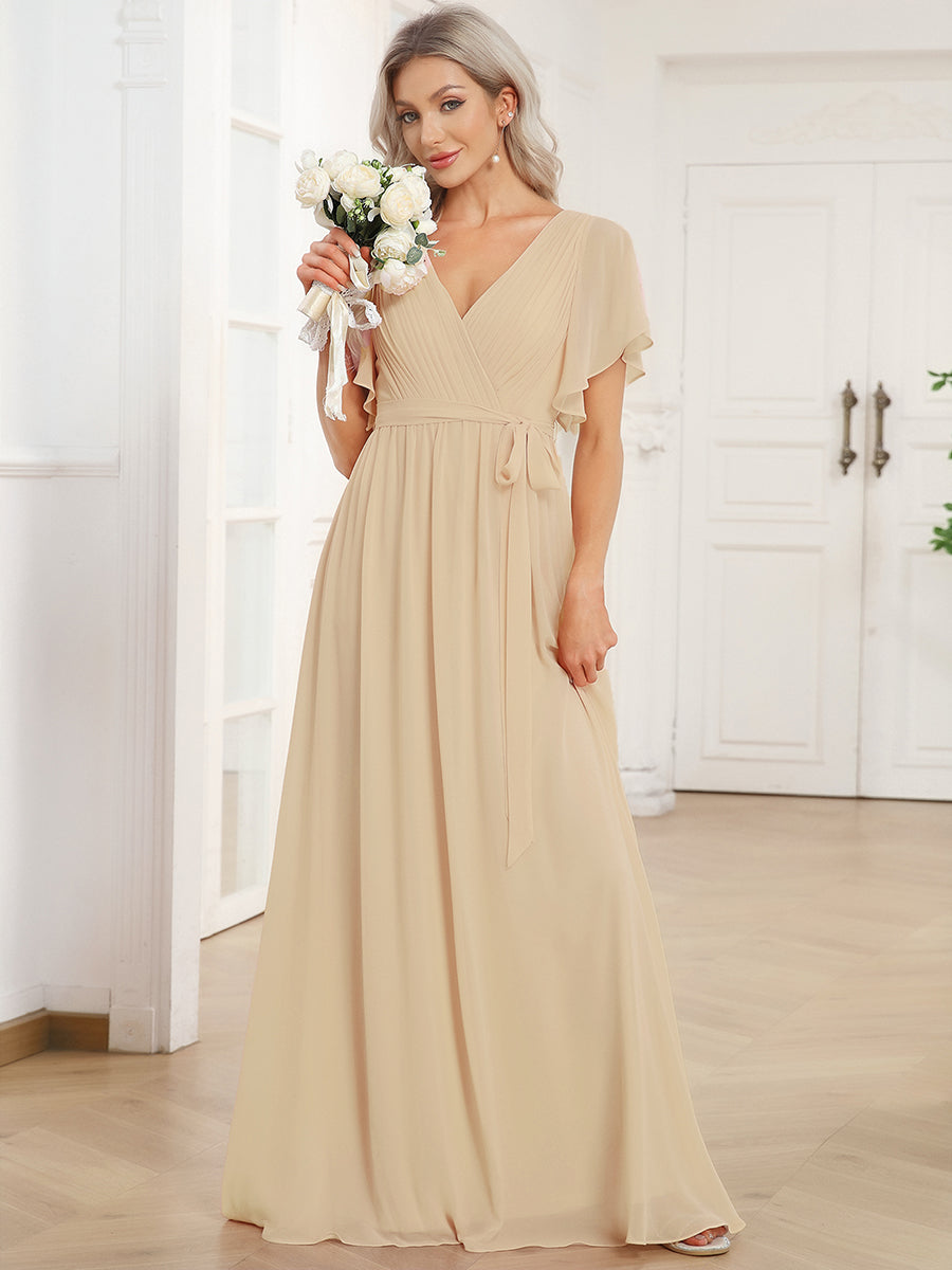 V-Ausschnitt kurze Ärmel Bodenlaenge A-Linie Chiffon Abendkleider #Farbe_Champagner