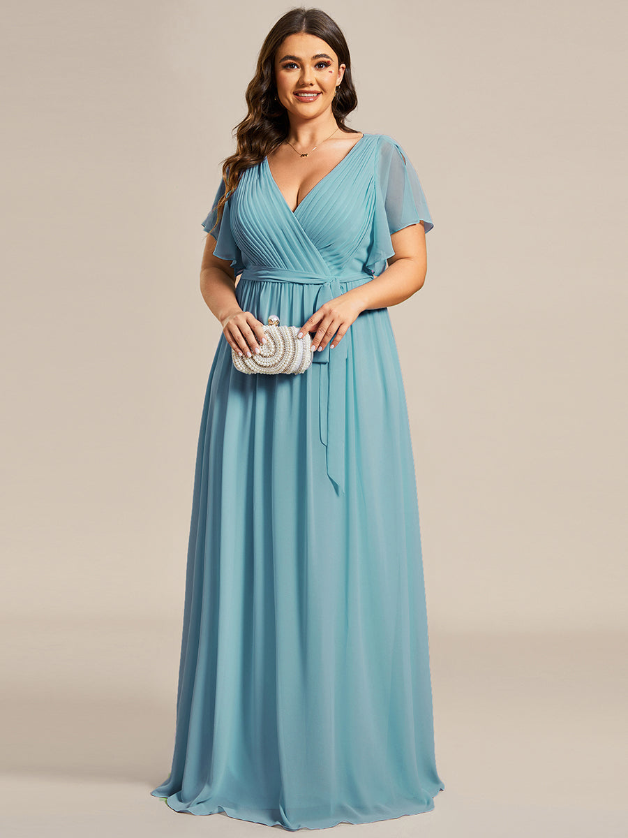 V-Ausschnitt kurze Ärmel Bodenlaenge A-Linie Chiffon Abendkleider #Farbe_Hellpetrol